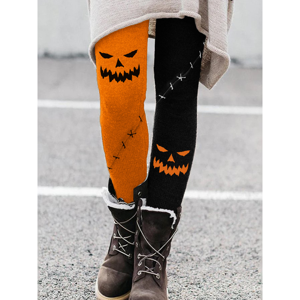 Halloween Pumpkin Face Contrast Color Leggings