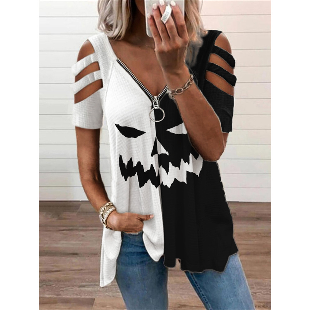 Halloween Pumpkin Face Hollow Shoulder T Shirt