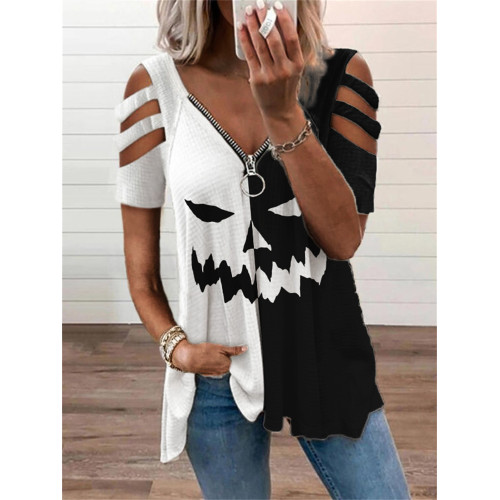 Halloween Pumpkin Face Hollow Shoulder T Shirt