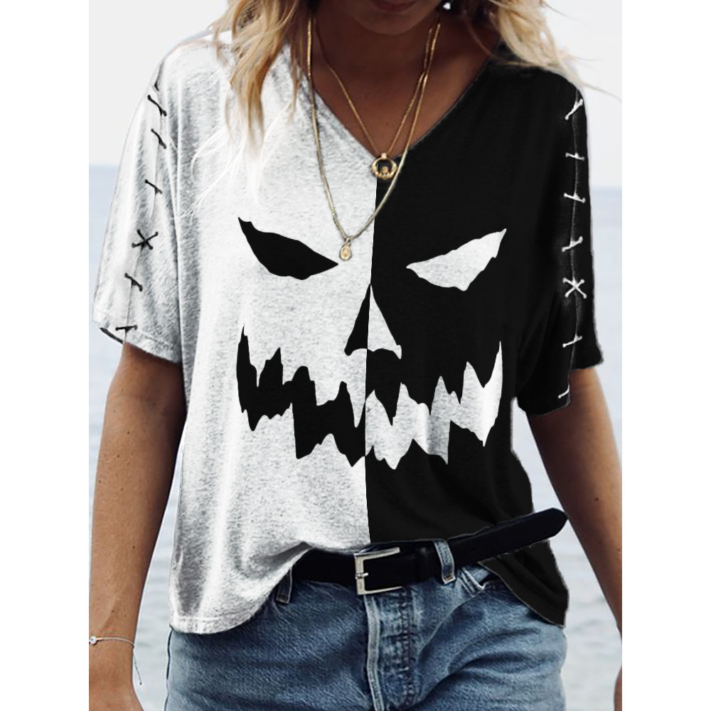 Halloween Pumpkin Face Stitch V Neck T Shirt