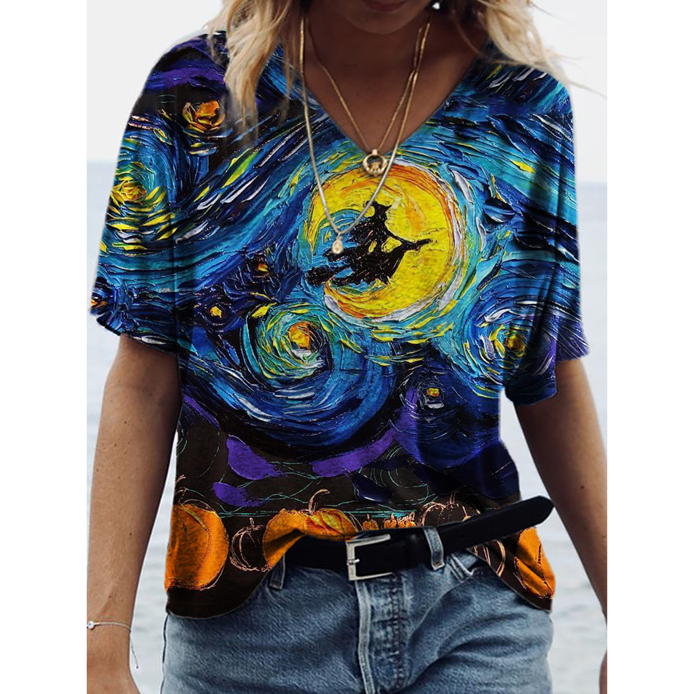 Halloween Witch In Starry Night V Neck T Shirt