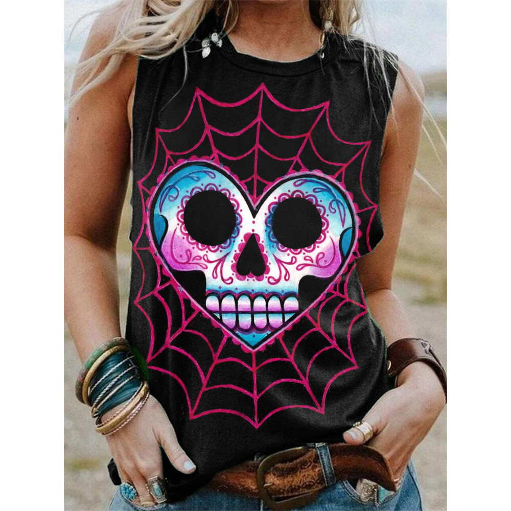 Heart Sugar Skull On Spiderweb Print Tank Top
