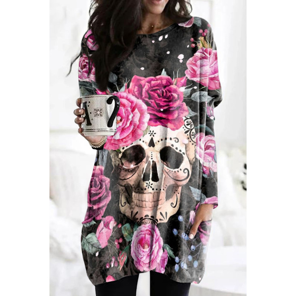 Long Sleeve Floral Skull Print Tunic