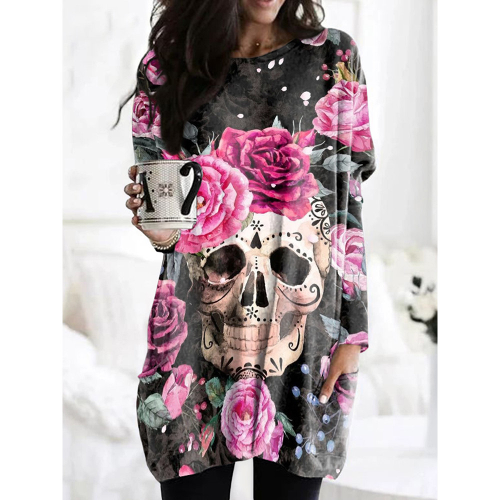 Long Sleeve Floral Skull Print Tunic