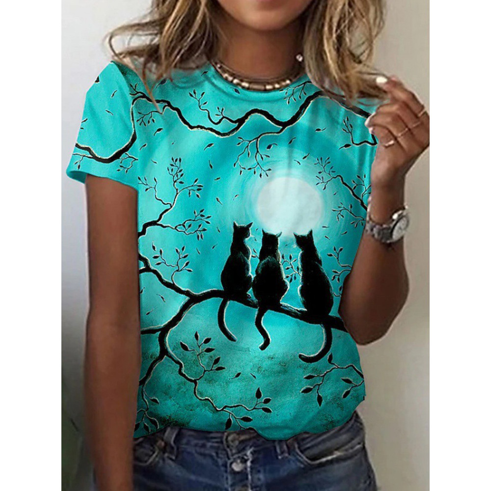 Lovely Cat Print Casual Tee