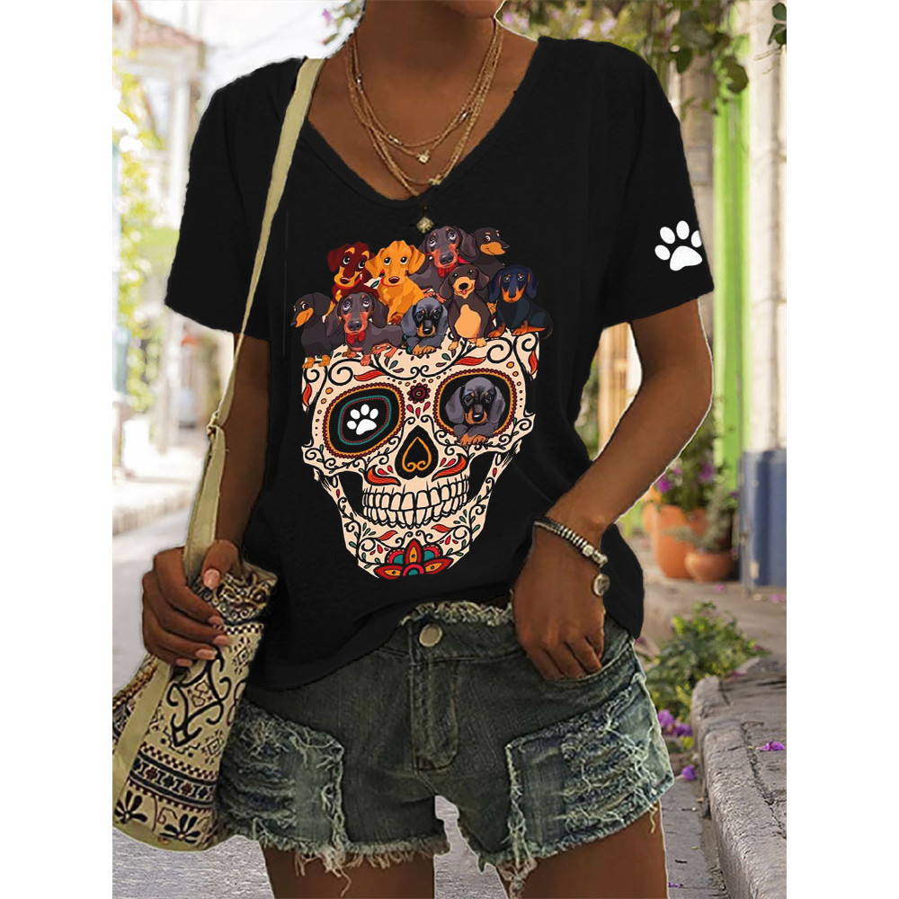 Lovely Dogs Sugar Skull Paw Print V Neck T Shirt