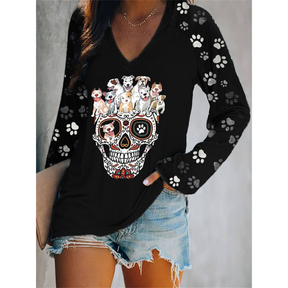 Lovely Dogs Sugar Skull Paw Prints V Neck T Shirt