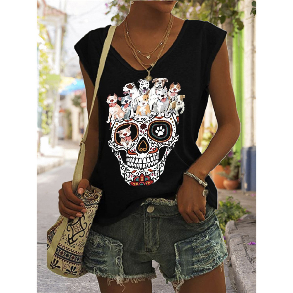Lovely Dogs Sugar Skull V Neck Tank Top