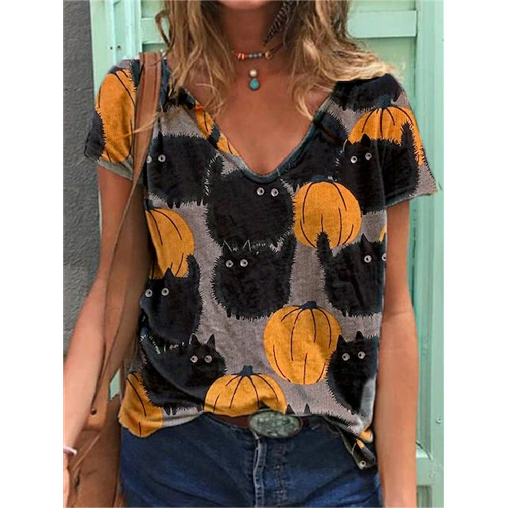Lovely Fluffy Cats & Pumpkins V Neck T Shirt