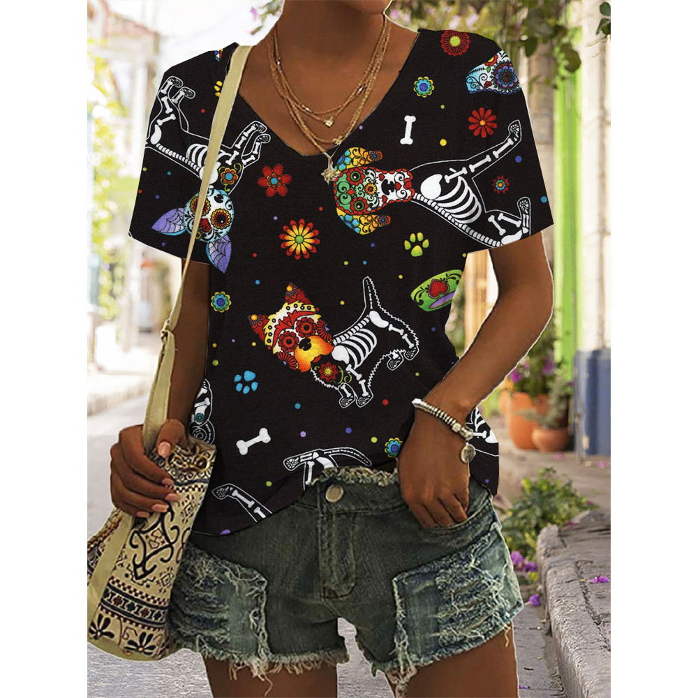 Lovely Sugar Skull Dogs V Neck Comfy T Shirt
