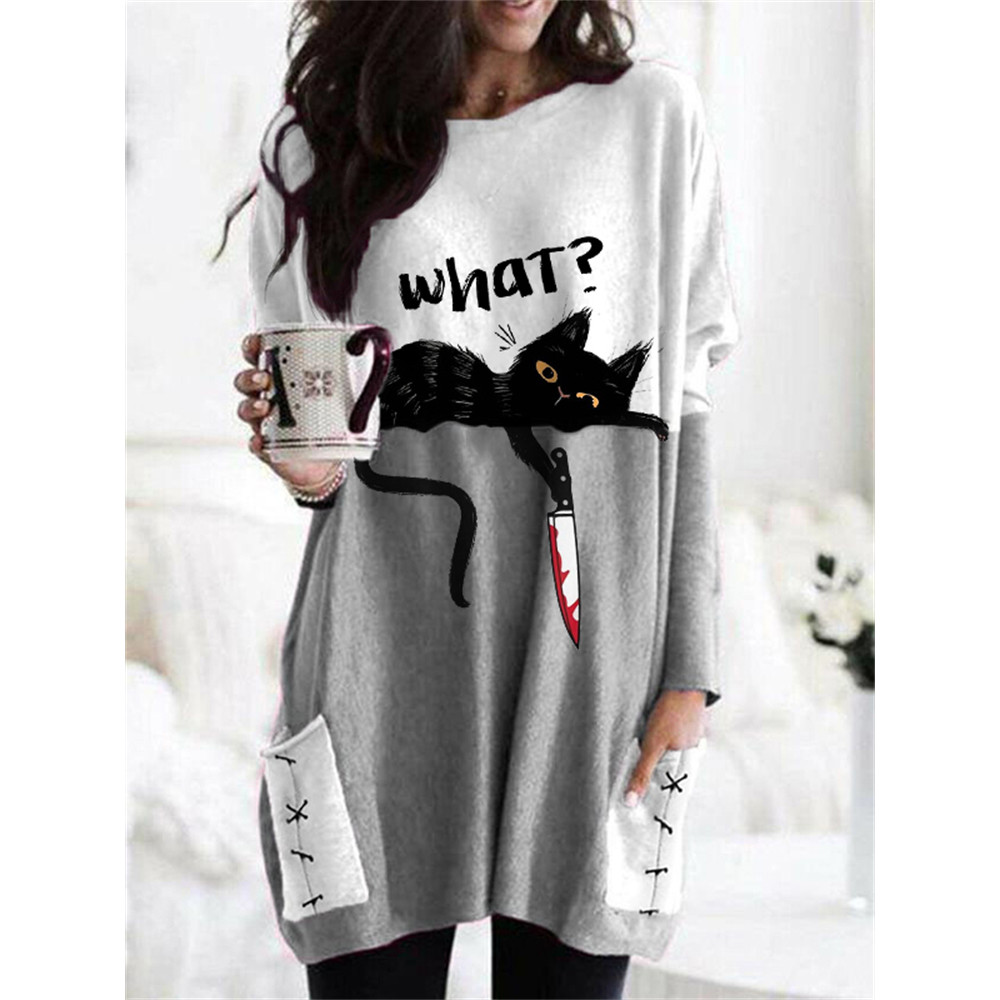 Lying Cat With Bloody Knife Patch Pocket Tunic