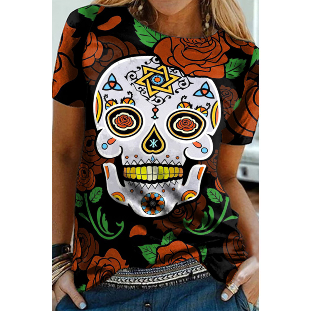 Marigold Skull Print Crew Neck T-Shirt