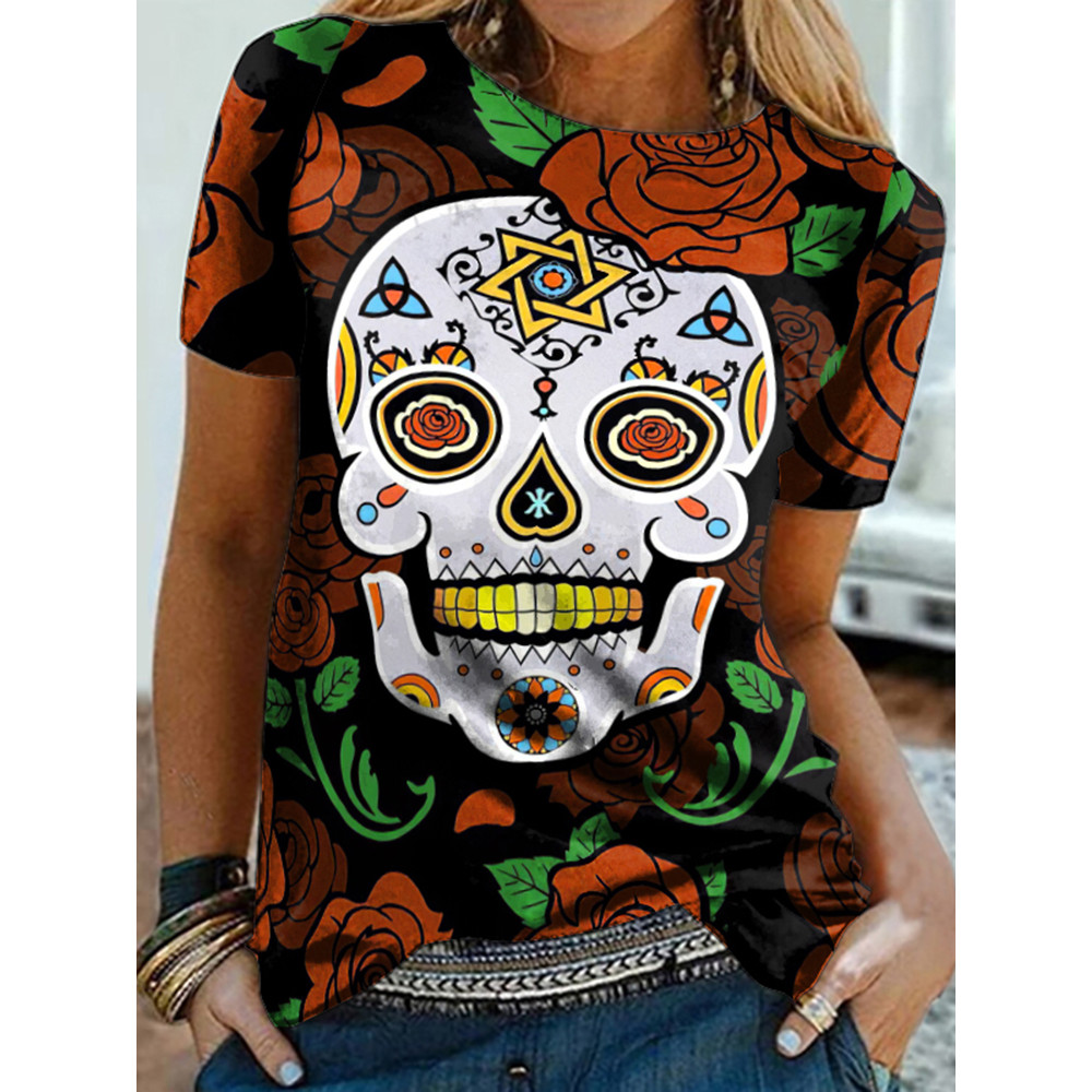 Marigold Skull Print Crew Neck T-Shirt