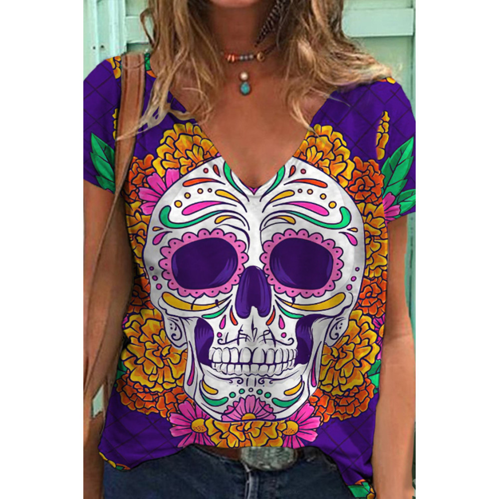 Marigold Skull Print V-Neck T-Shirt