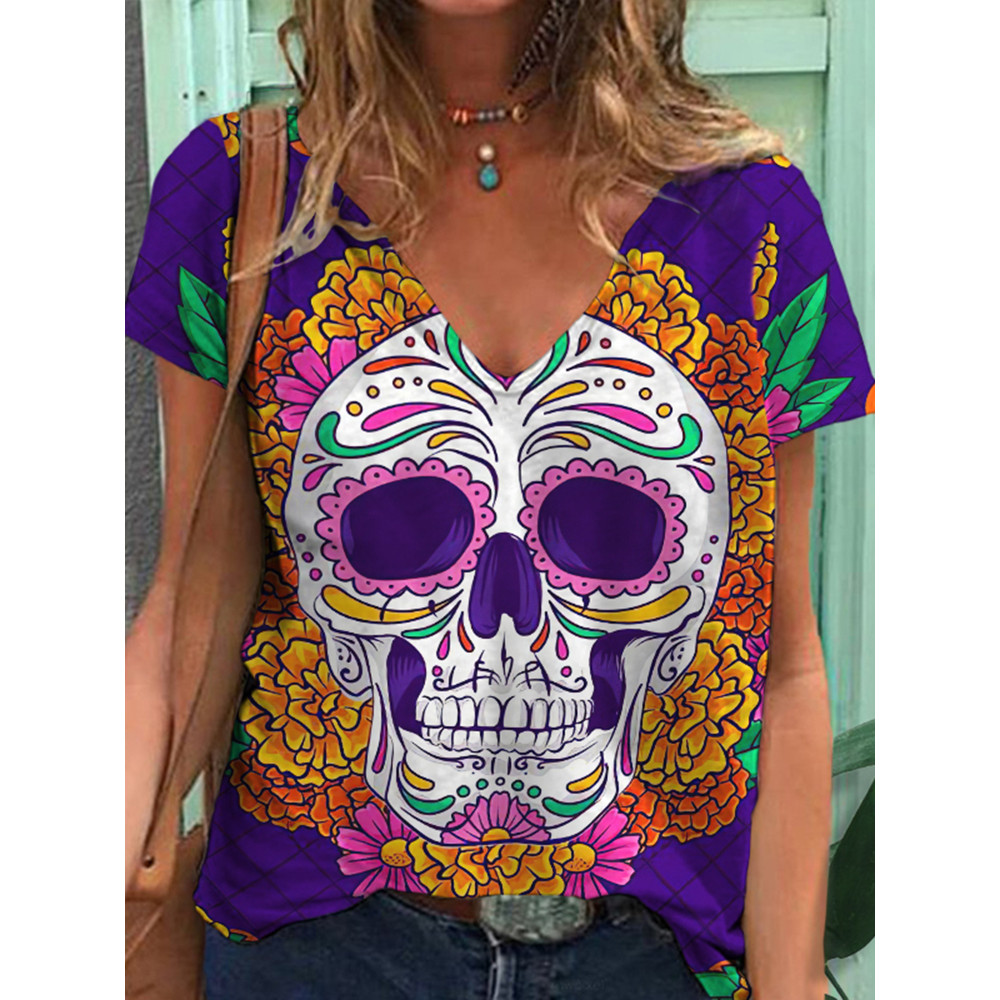 Marigold Skull Print V-Neck T-Shirt