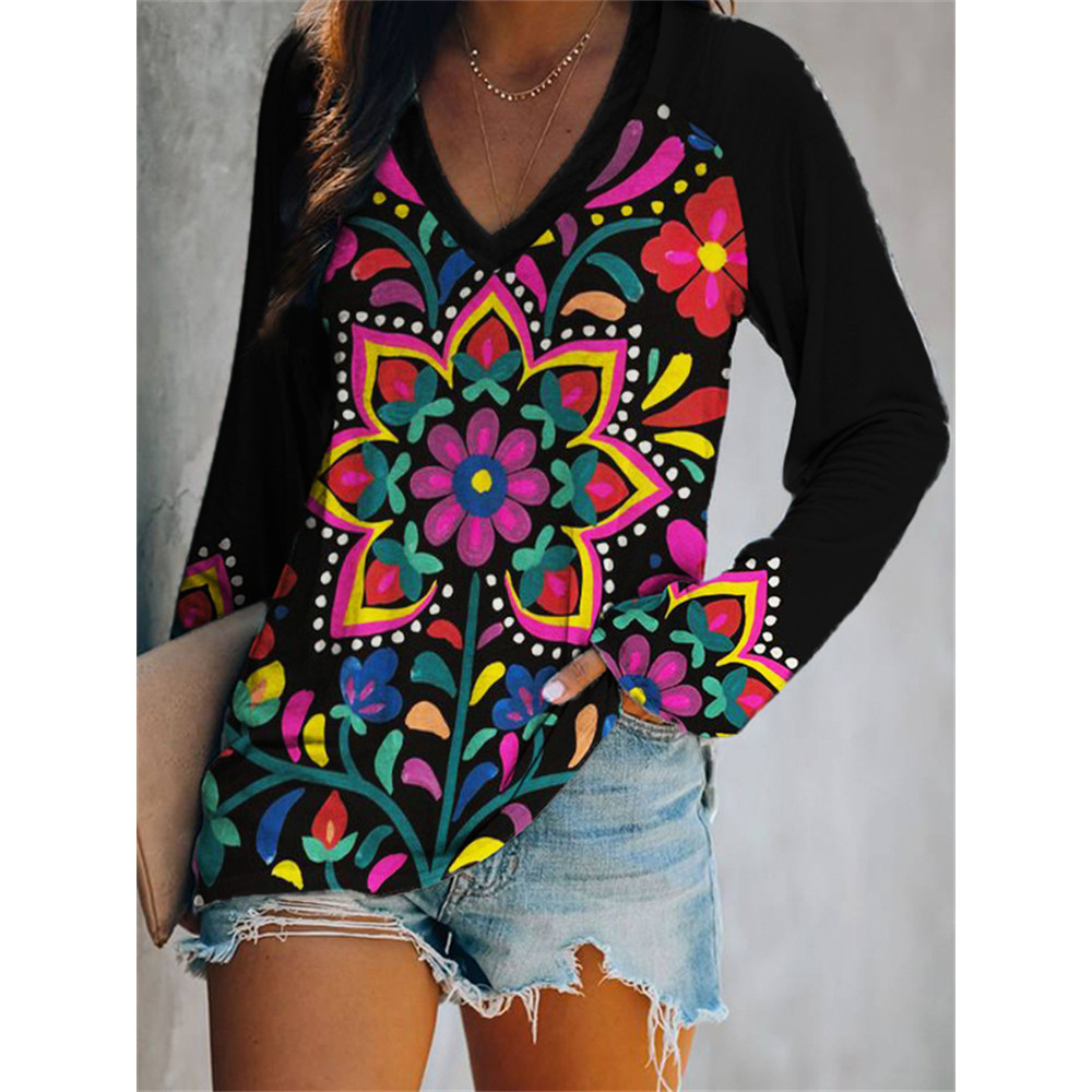 Mexican Ethnic Flower V Neck Long Sleeve T Shirt