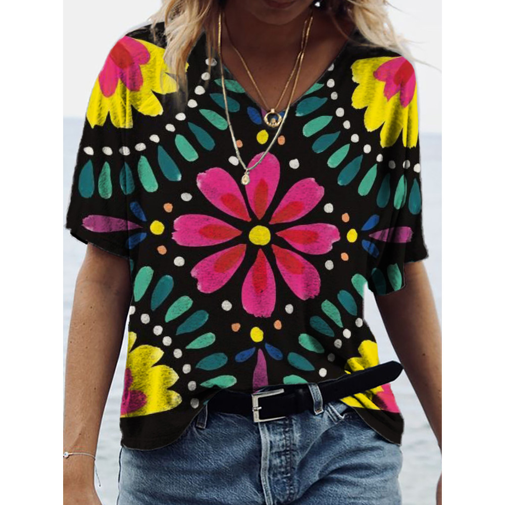Mexican Ethnic Flower V Neck Short Sleeve T Shirt