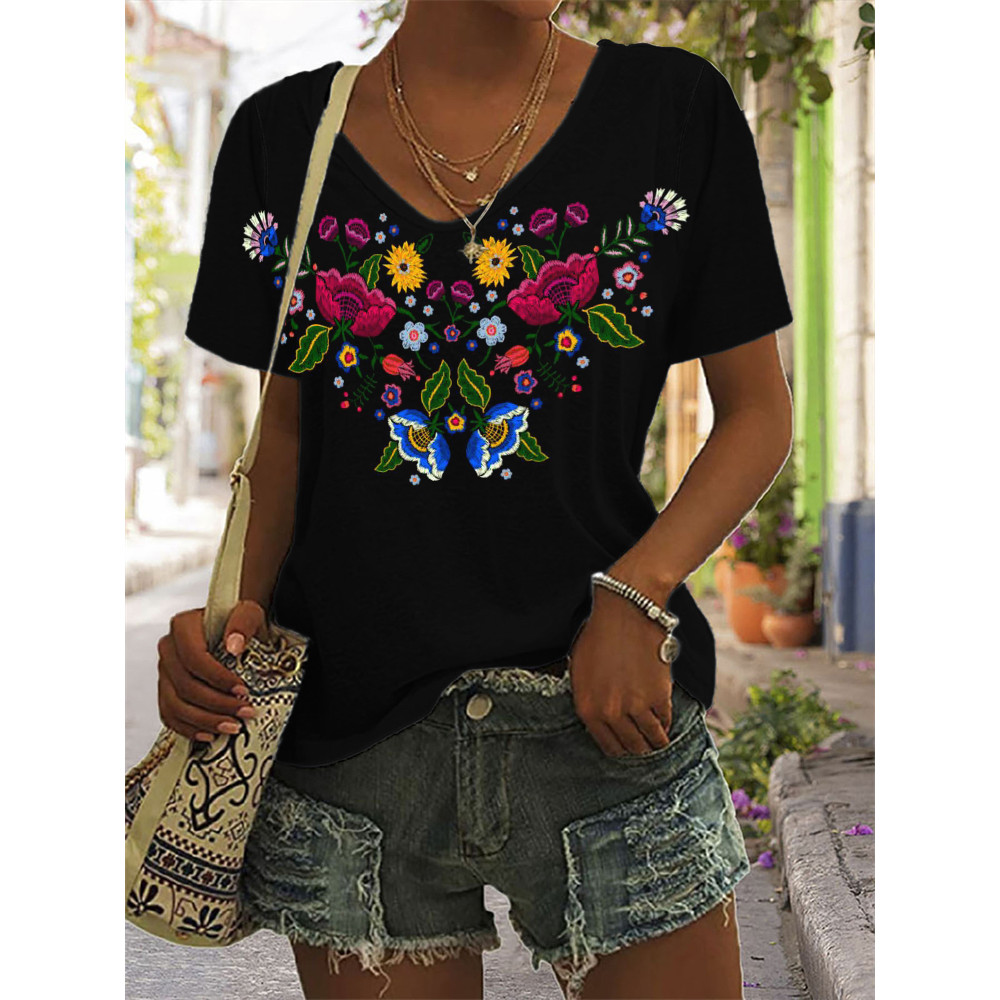 Mexican Ethnic Flowers V Neck T Shirt