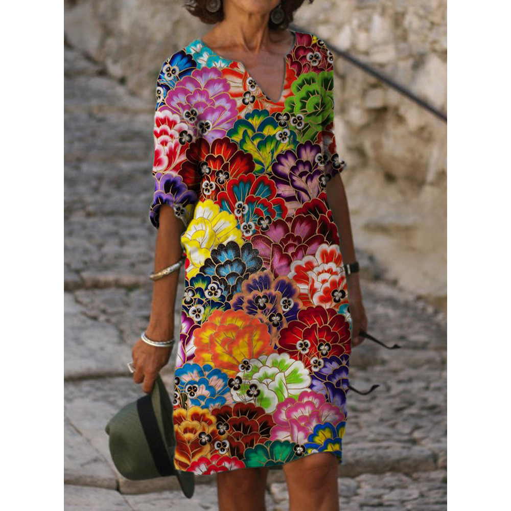 Mexican Flowers Art Notch Neck Midi Dress