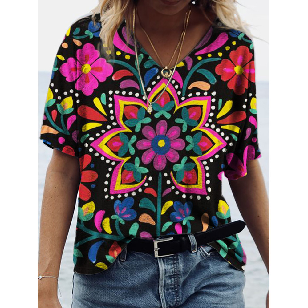 Mexican Flowers Art V Neck T Shirt