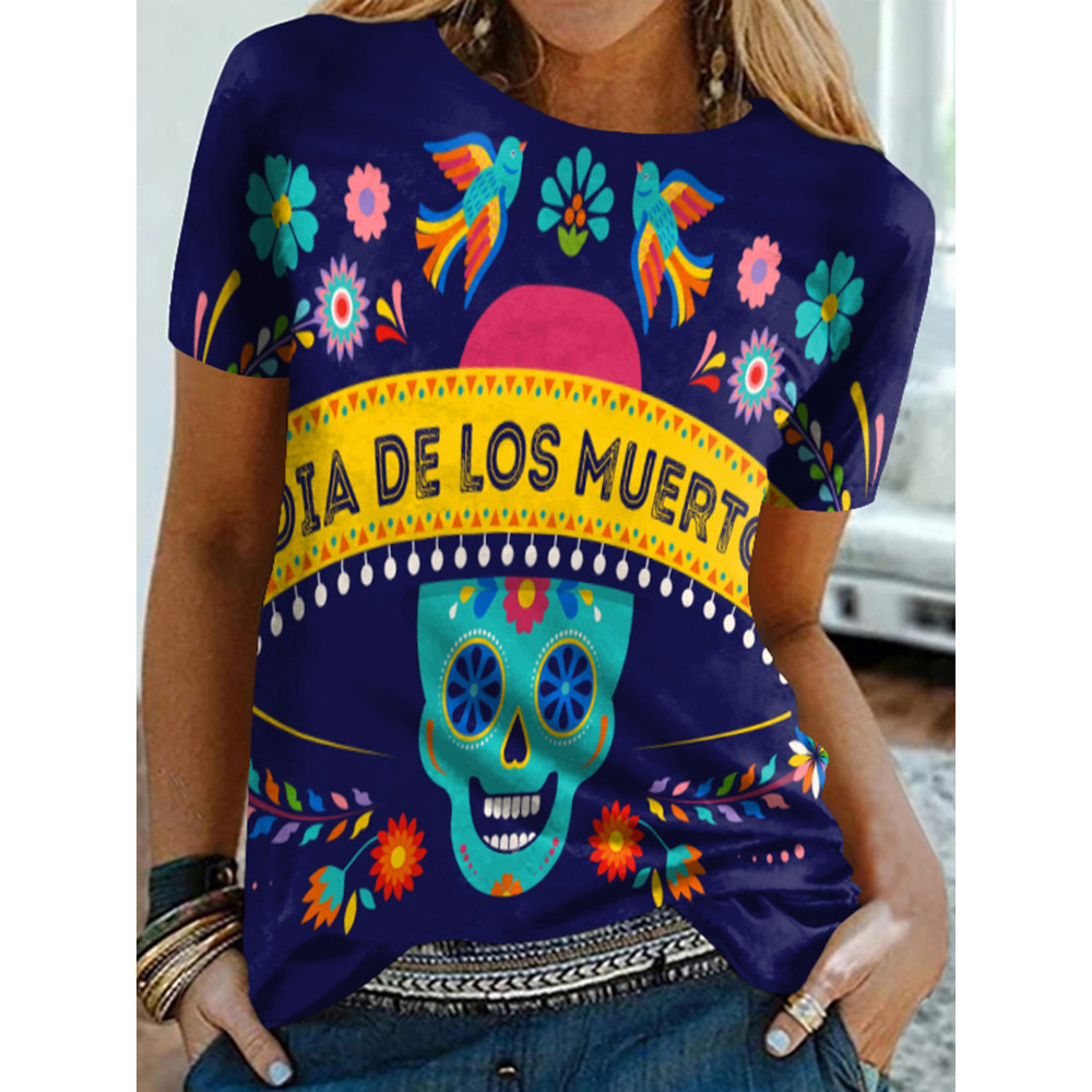 Mexican Skull Print Short Sleeve T-Shirt