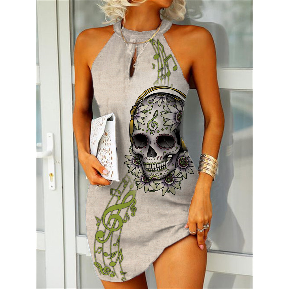 Music Notes Sugar Skull Art Slim Fit Mini Dress
