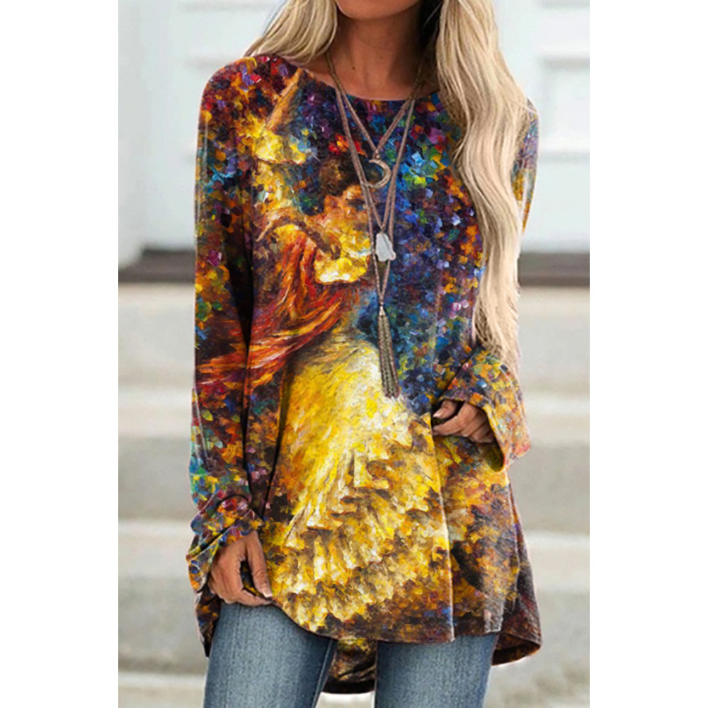 Oil Painting Ballerina Print Long Sleeve Tunic