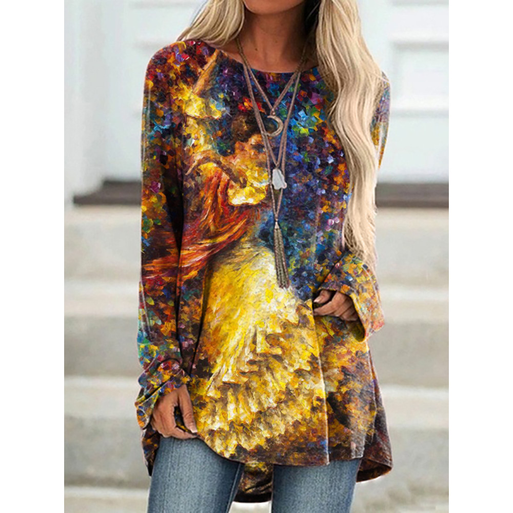Oil Painting Ballerina Print Long Sleeve Tunic