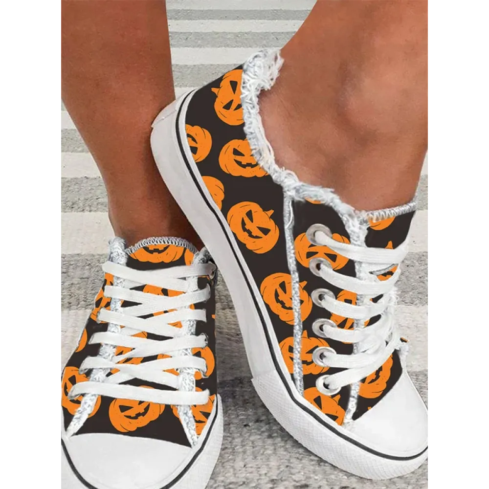 Pumpkin Print Frayed Sneakers