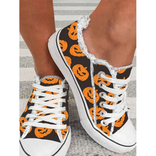 Pumpkin Print Frayed Sneakers
