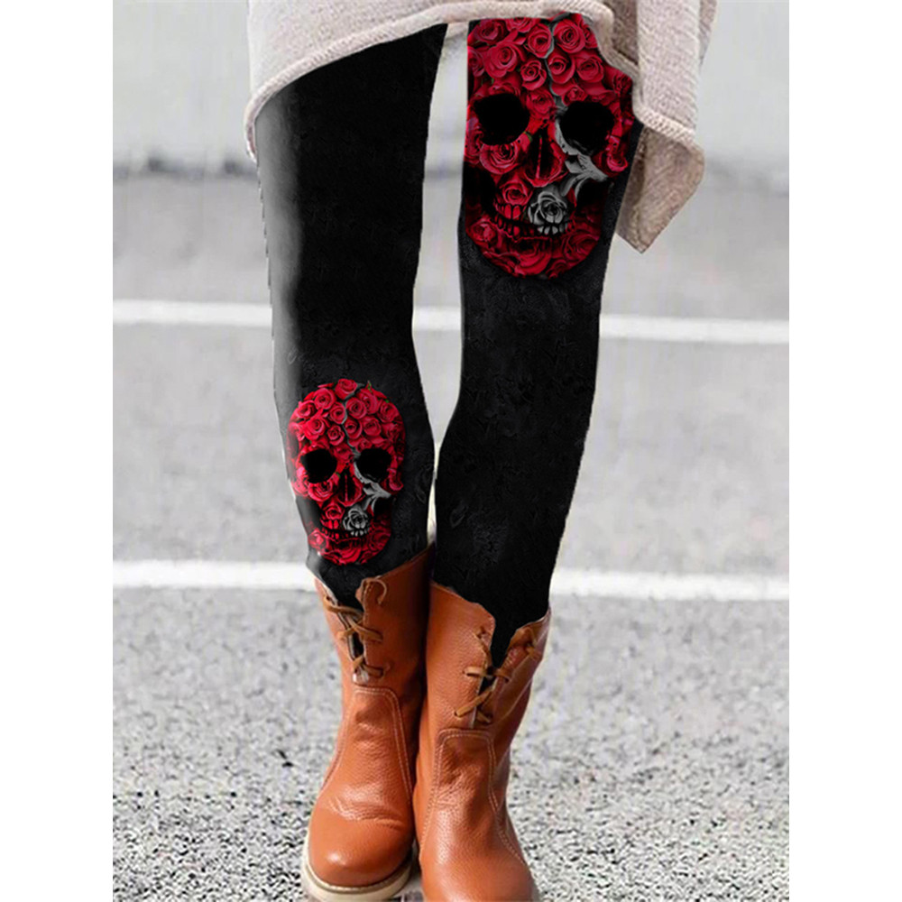 Rose Skull Print Casual Leggings
