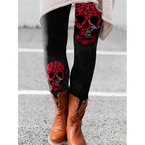 Rose Skull Print Casual Leggings