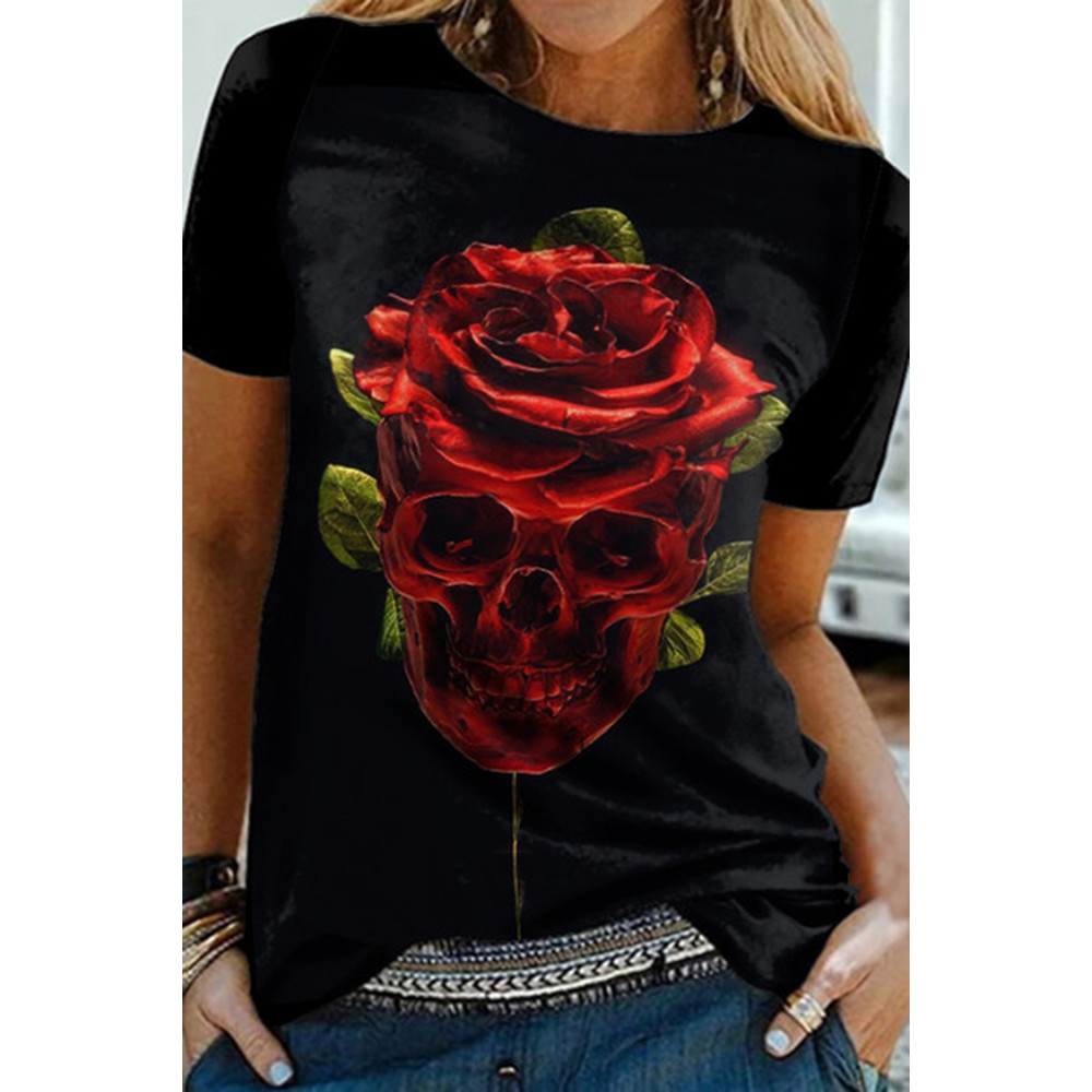Rose Skull Print Crewneck T-Shirt