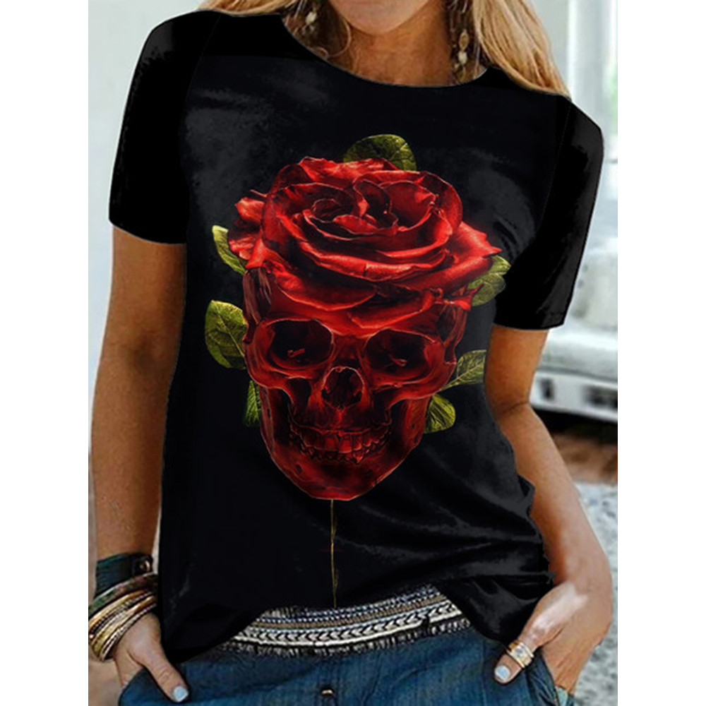 Rose Skull Print Crewneck T-Shirt