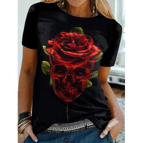 Rose Skull Print Crewneck T-Shirt