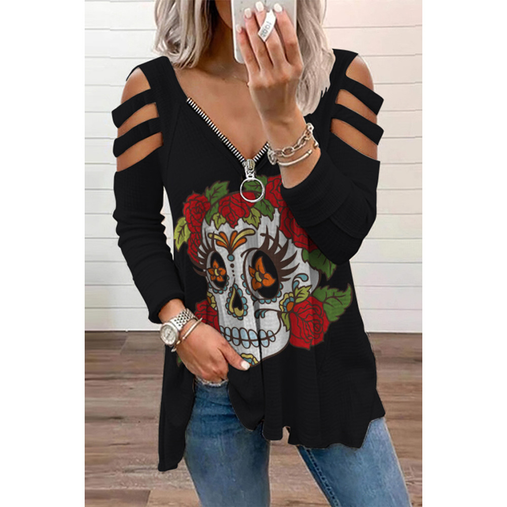 Rose Skull Print Cutout T-Shirt
