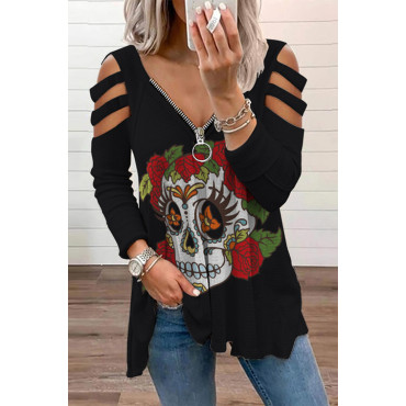 Rose Skull Print Cutout T-Shirt