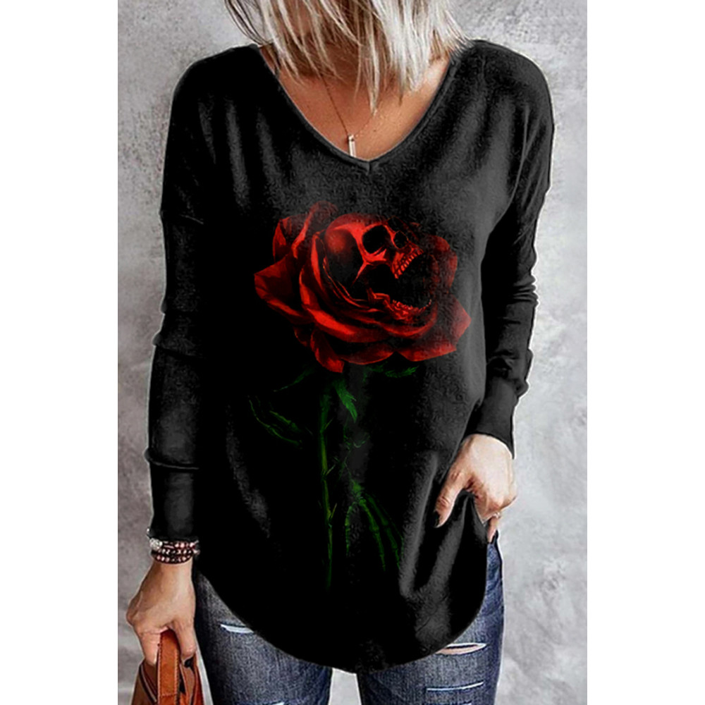 Rose Skull Print Long Sleeve T-Shirt