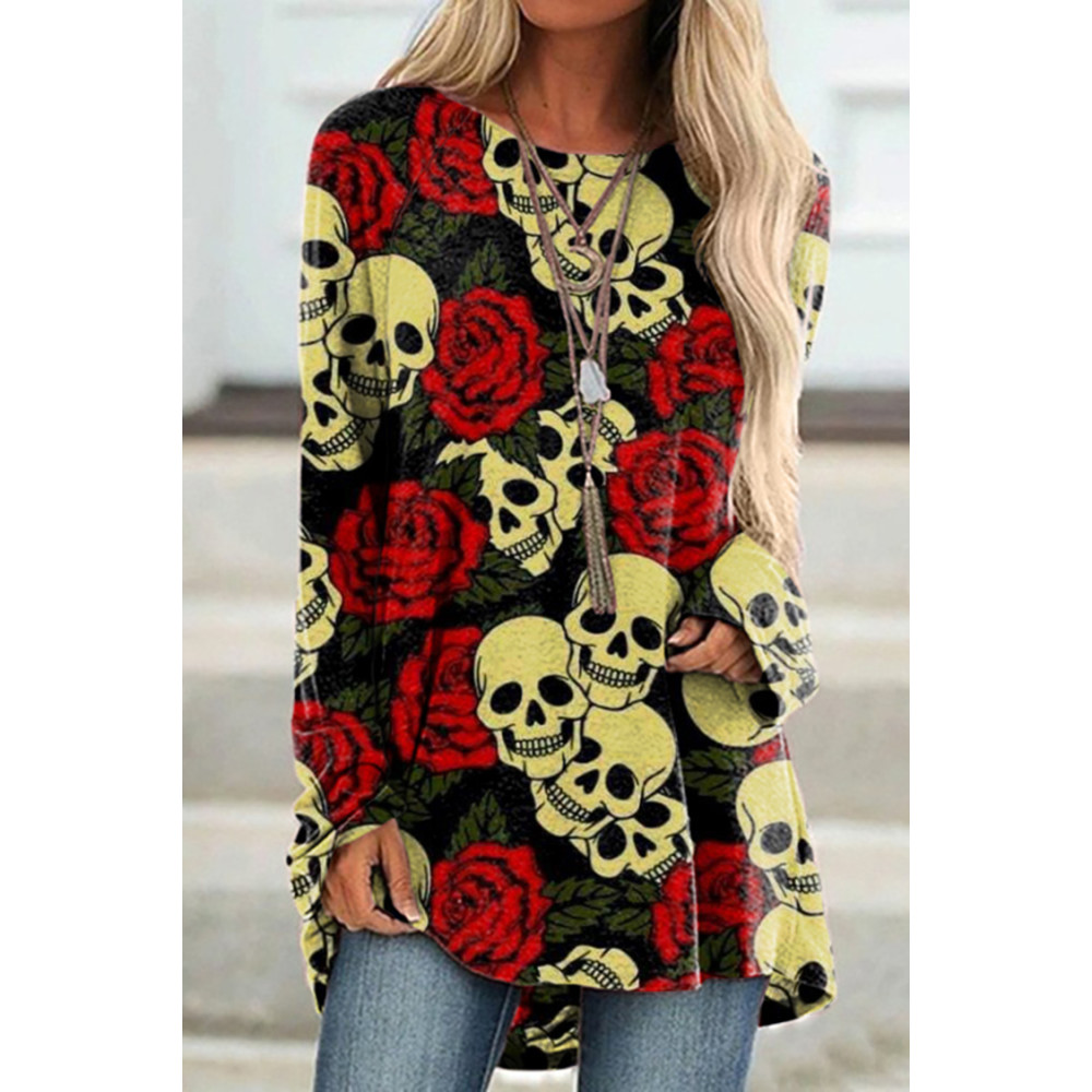 Rose Skull Print Long Sleeve Tunic