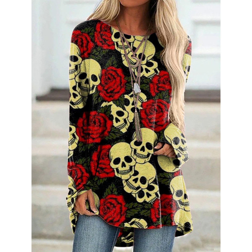 Rose Skull Print Long Sleeve Tunic