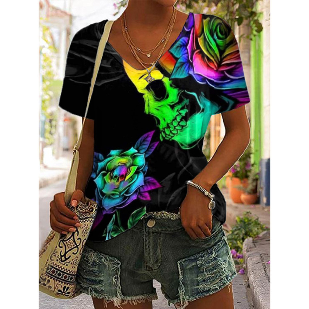 Rose Skull Print Short Sleeve T-Shirt