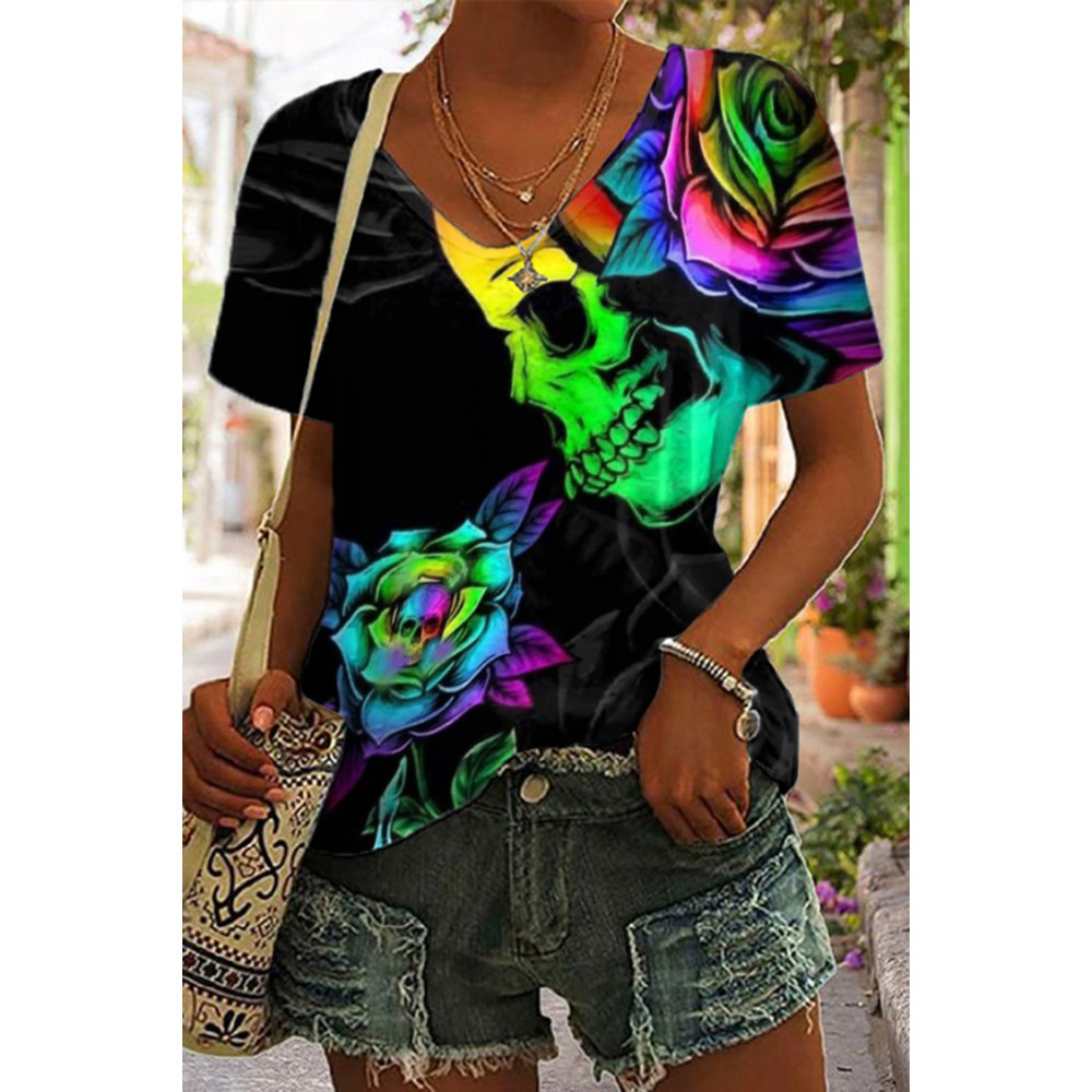 Rose Skull Print Short Sleeve T-Shirt