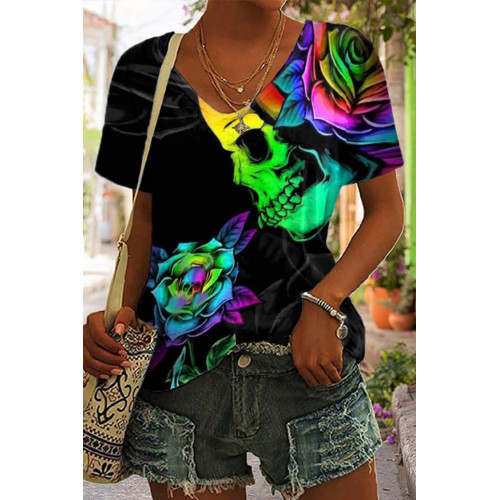 Rose Skull Print Short Sleeve T-Shirt