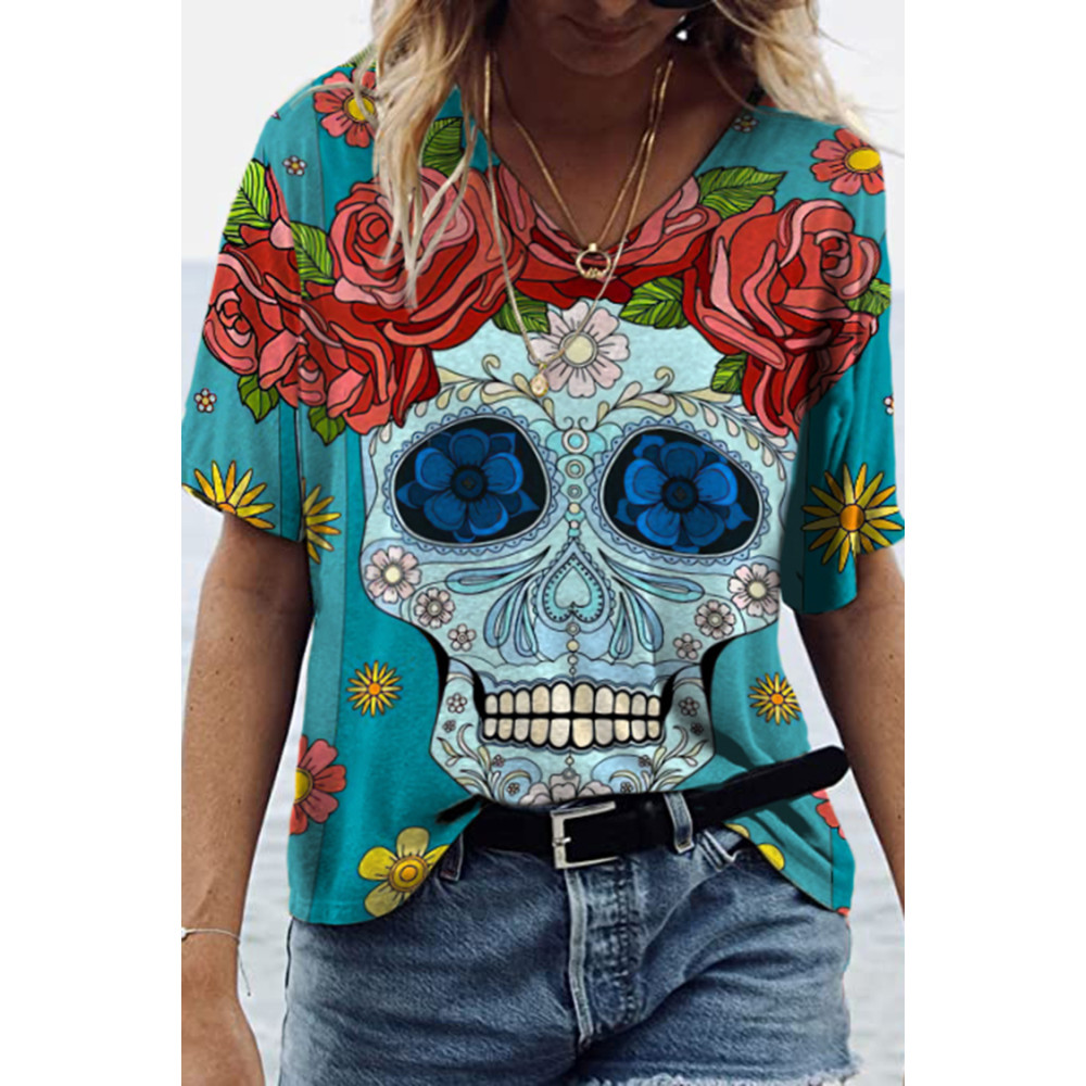 Rose Skull Print Short Sleeve T-Shirt