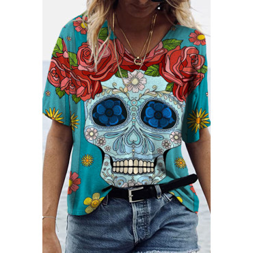 Rose Skull Print Short Sleeve T-Shirt