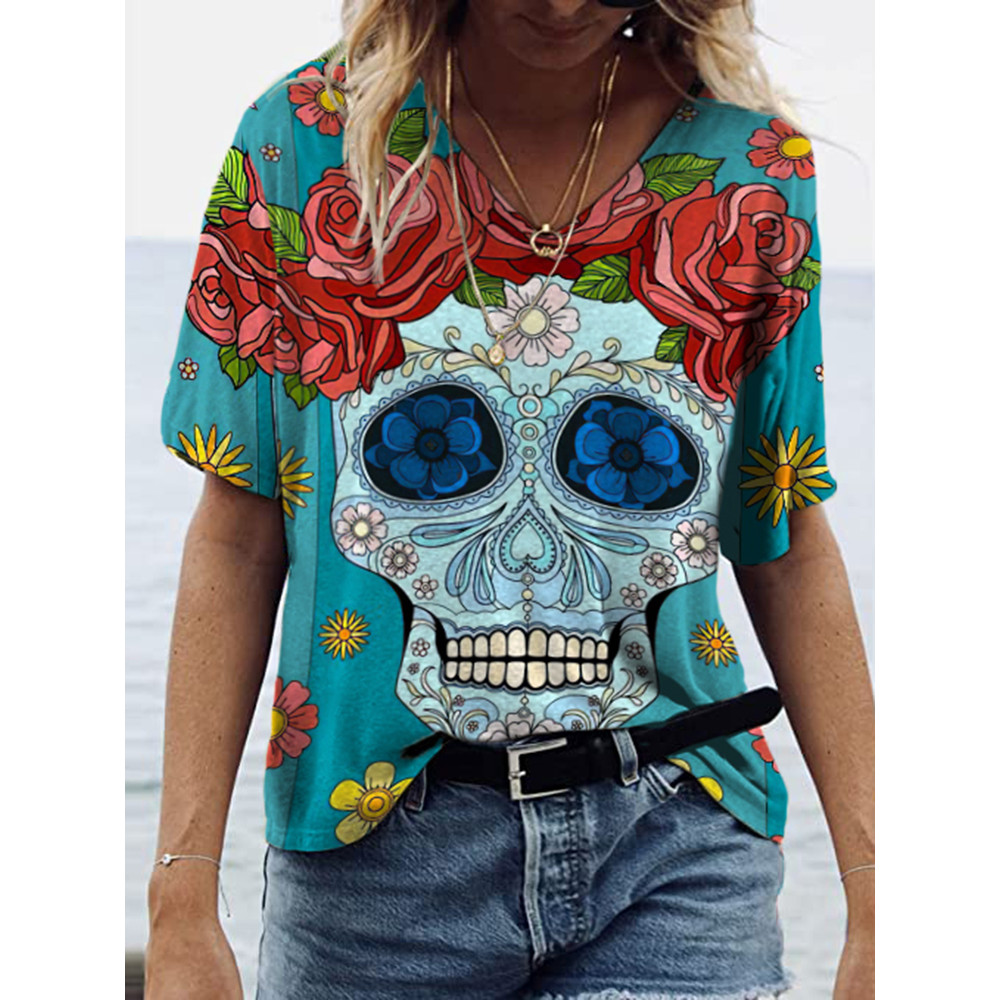 Rose Skull Print Short Sleeve T-Shirt