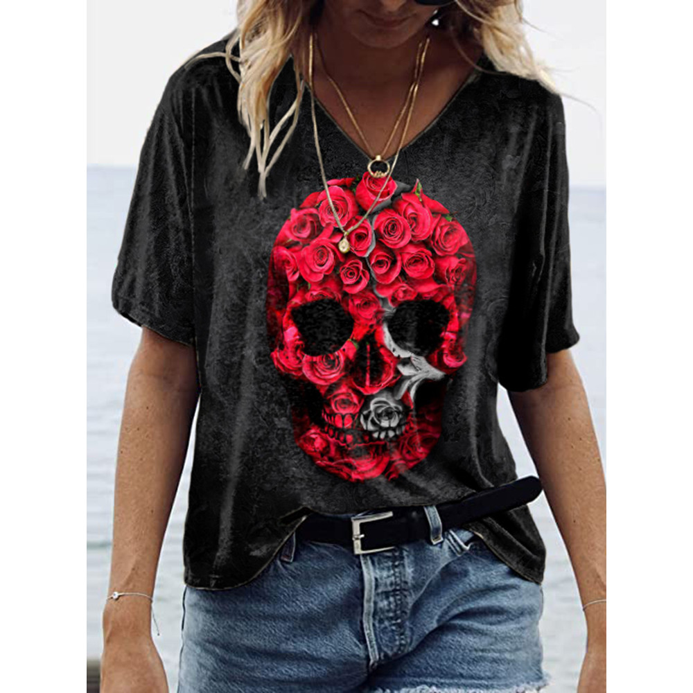 Rose Skull Print V Neck Short Sleeved T-Shirt