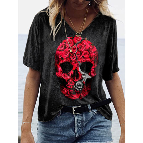 Rose Skull Print V Neck Short Sleeved T-Shirt