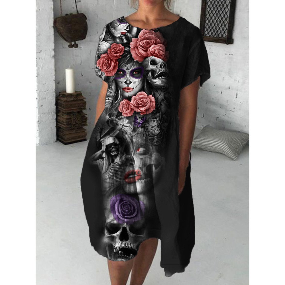 Roses & Sugar Skulls Graphic Pleated Midi Dress
