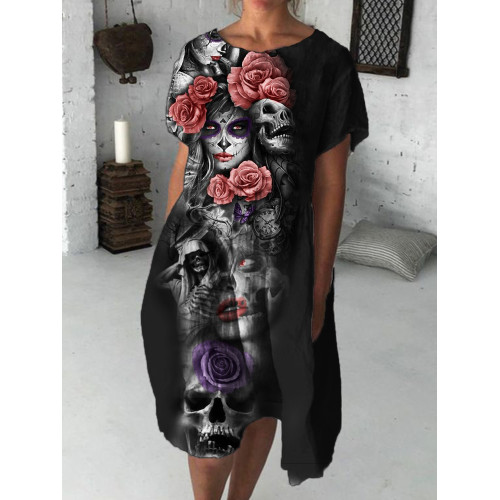 Roses & Sugar Skulls Graphic Pleated Midi Dress